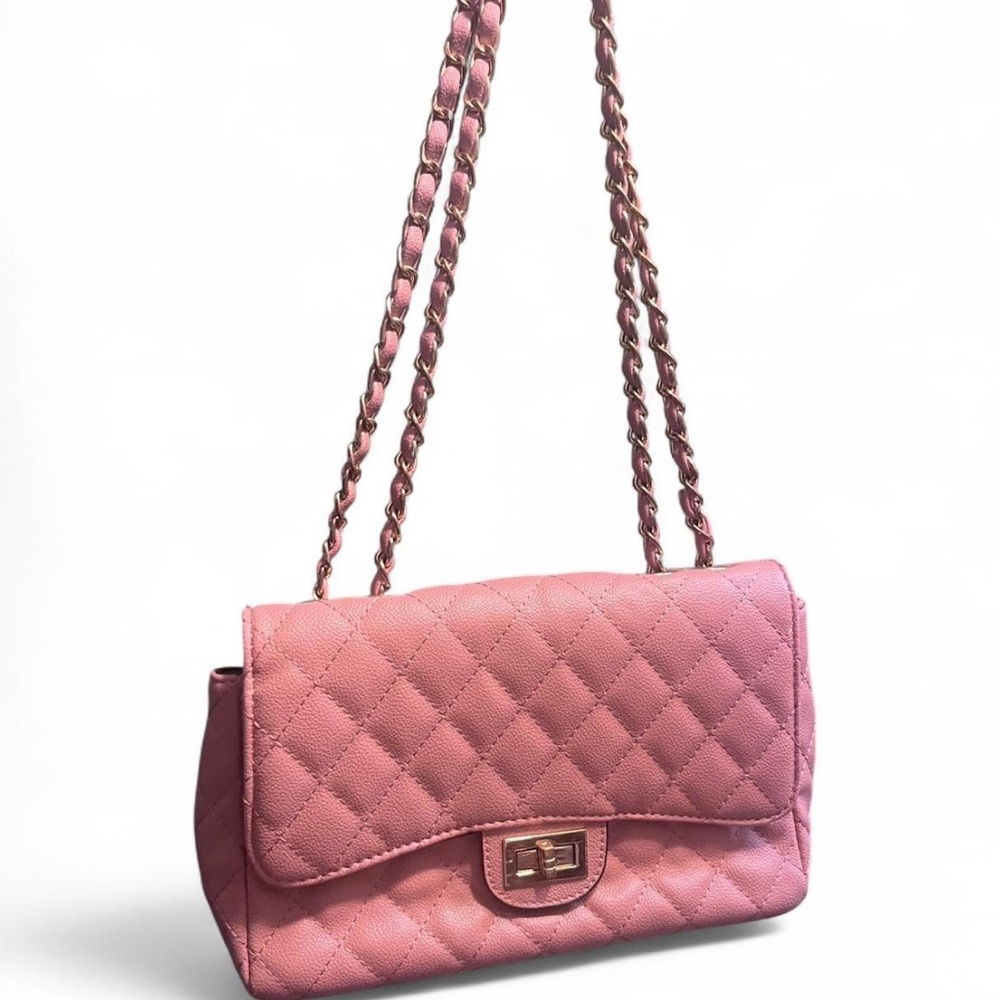 Soft Pink Quilted Shoulder Bag with Chain Strap